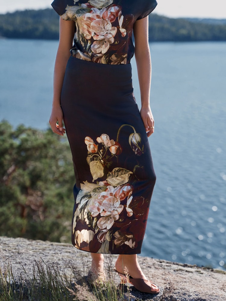 Ashmolean Museum Wine Floral Print Satin Midi Skirt - Image 2 of 6 Ashmolean Museum Wine Floral Print Satin Midi Skirt - Image 2 of 6