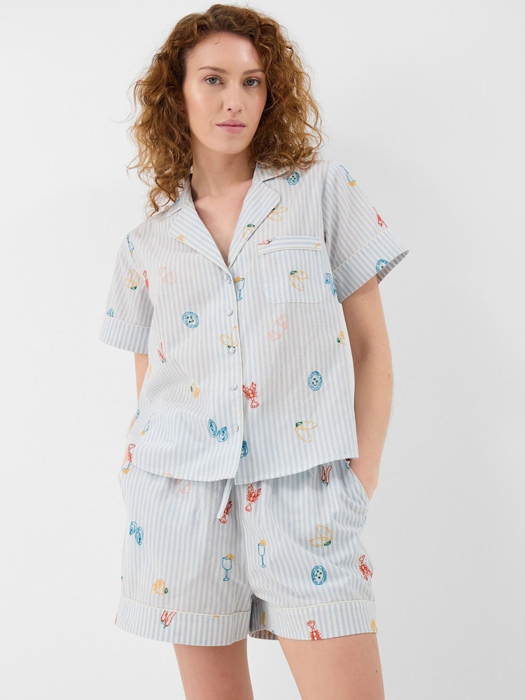 Accessorize Blue Embroidered Stripe Short Pyjamas Set - Image 1 of 4 Accessorize Blue Embroidered Stripe Short Pyjamas Set - Image 1 of 4
