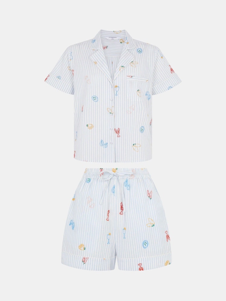Accessorize Blue Embroidered Stripe Short Pyjamas Set - Image 4 of 4 Accessorize Blue Embroidered Stripe Short Pyjamas Set - Image 4 of 4