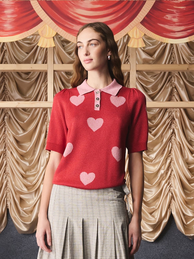 Cath Kidston Red Heart Sparkle Knitted Polo Top - Image 1 of 4 Cath Kidston Red Heart Sparkle Knitted Polo Top - Image 1 of 4