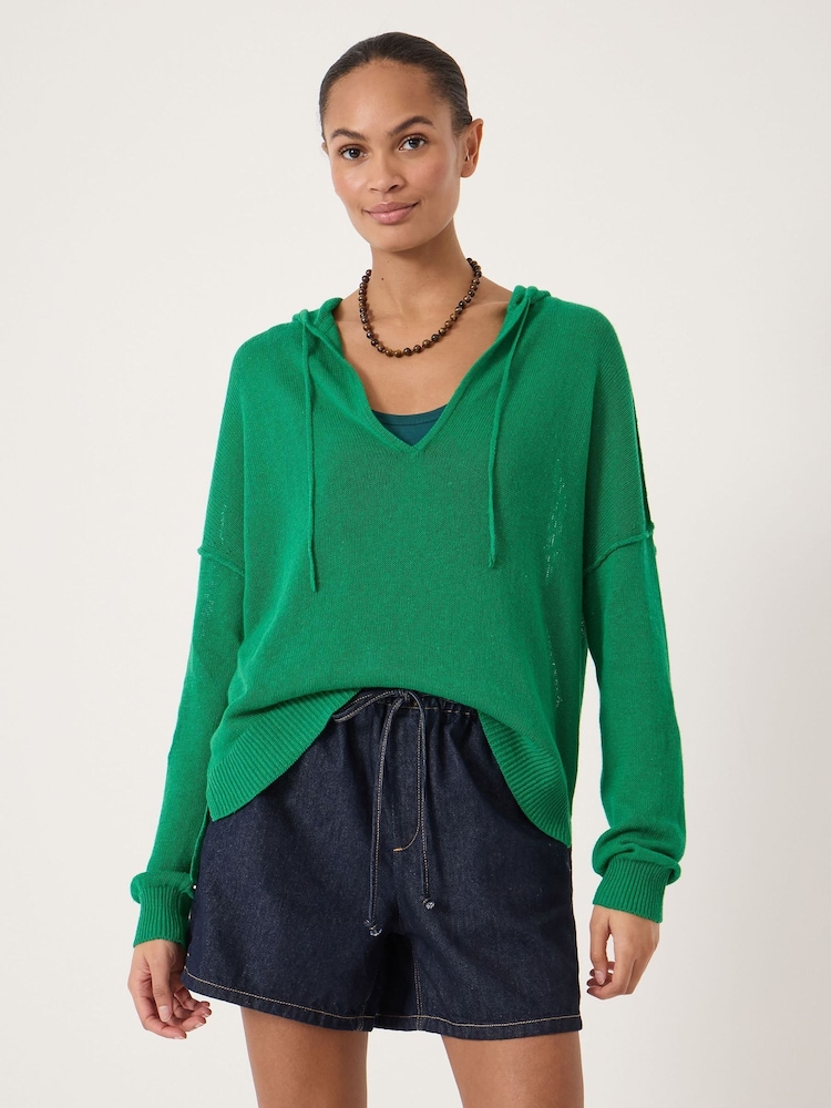 Hush Green Cara Linen Blend V-Neck Hoodie - Image 1 of 5