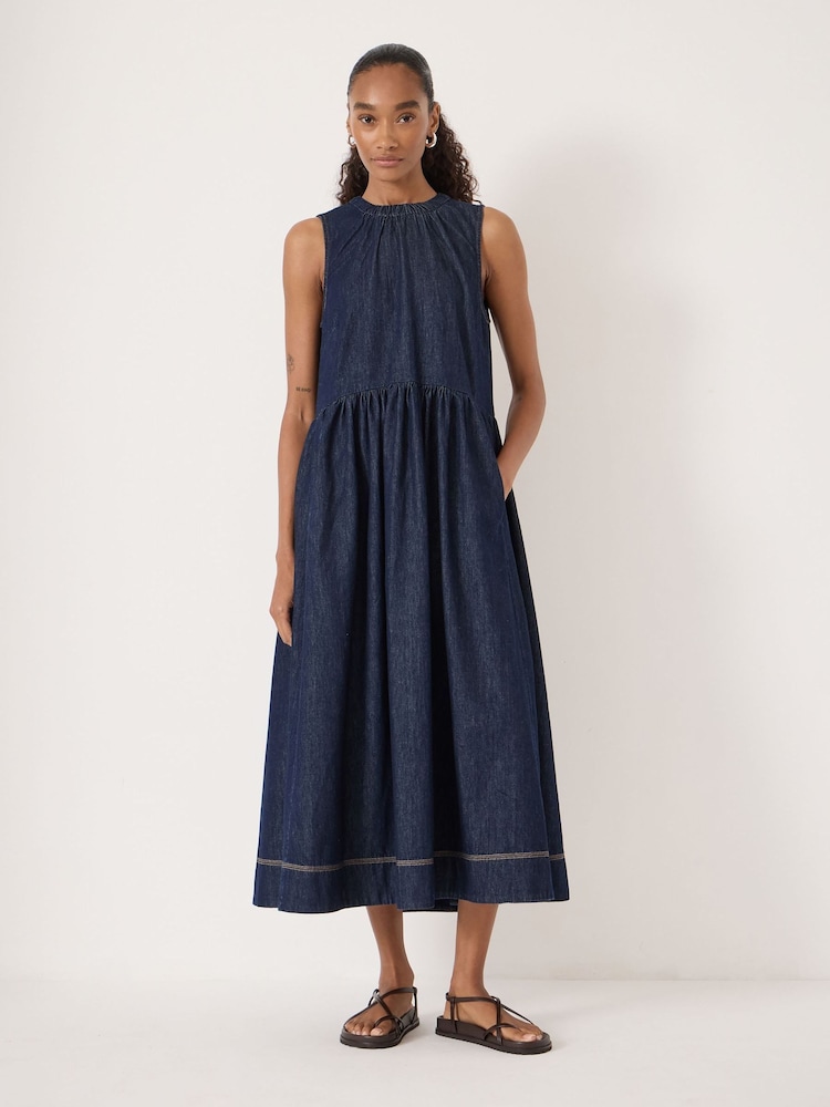 crew neck denim dress Express Women's Stretch Denim Crew Neck Button Front Mini Dress in Blue Small