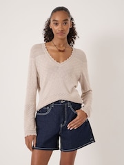 Hush Natural Pointelle Cotton V-Neck Jumper - Image 1 of 5