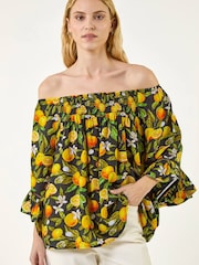 Roman Orange Floral Citrus Bardot Top - Image 4 of 5
