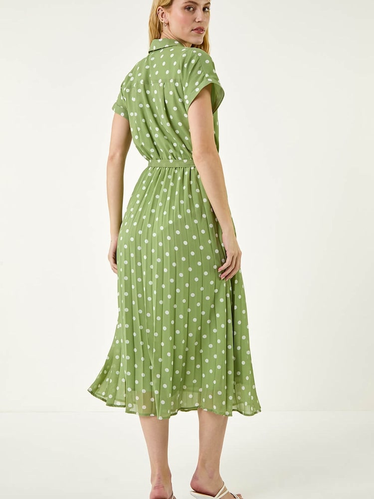 Roman Green Spot Print Pleated Shirt Midi Dress - Image 2 of 5