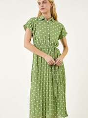 Roman Green Spot Print Pleated Shirt Midi Dress - Image 3 of 5