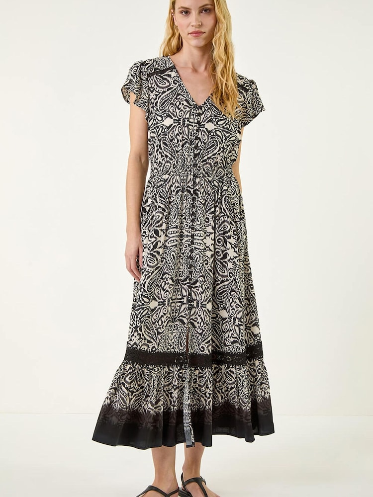 Roman Black Paisley Print Buttoned Midi Dress - Image 2 of 5