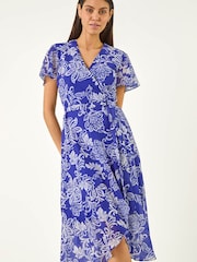 Roman Blue Floral Print Wrap Dress - Image 3 of 5