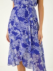 Roman Blue Floral Print Wrap Dress - Image 4 of 5
