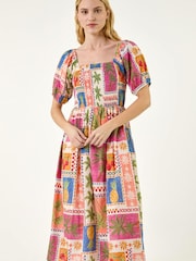 Roman Orange Post Card Shirred Dress - Image 4 of 5