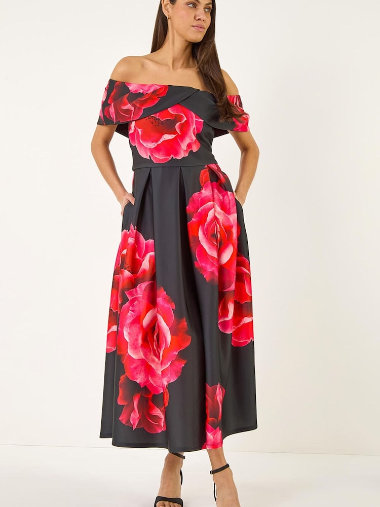 Roman Red Floral Print Premium Stretch Midi Dress - Image 2 of 6