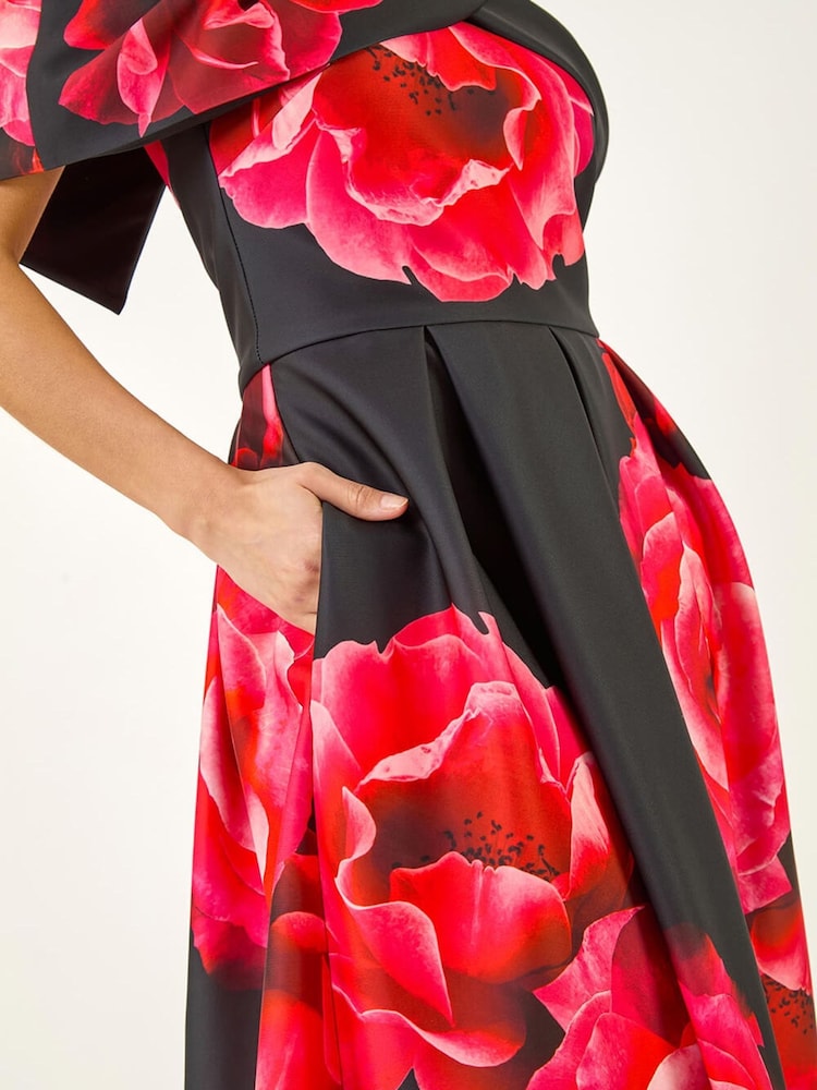 Roman Red Floral Print Premium Stretch Midi Dress - Image 6 of 6