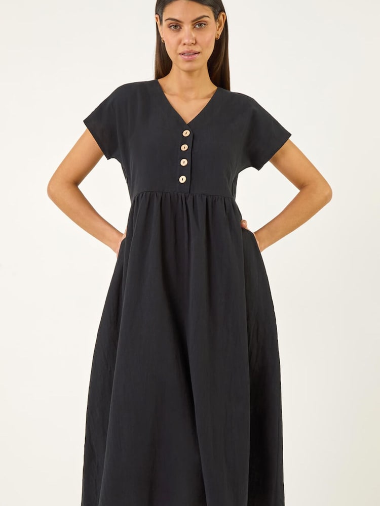 Roman Black Linen Look Button Midi Dress - Image 1 of 5