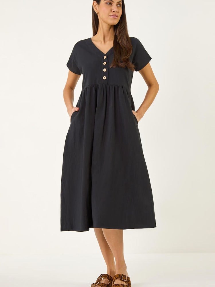 Roman Black Linen Look Button Midi Dress - Image 2 of 5
