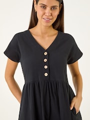 Roman Black Linen Look Button Midi Dress - Image 4 of 5