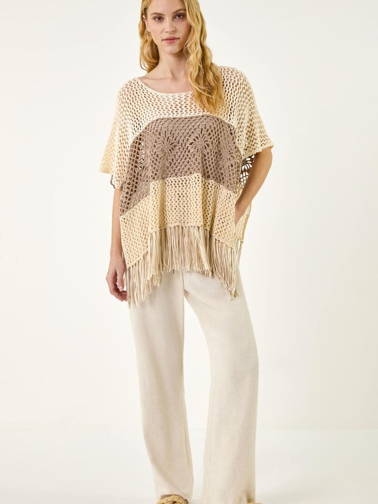 Roman Natural Tassel Stripe Crochet Poncho - Image 1 of 5
