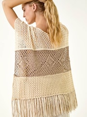 Roman Natural Tassel Stripe Crochet Poncho - Image 2 of 5