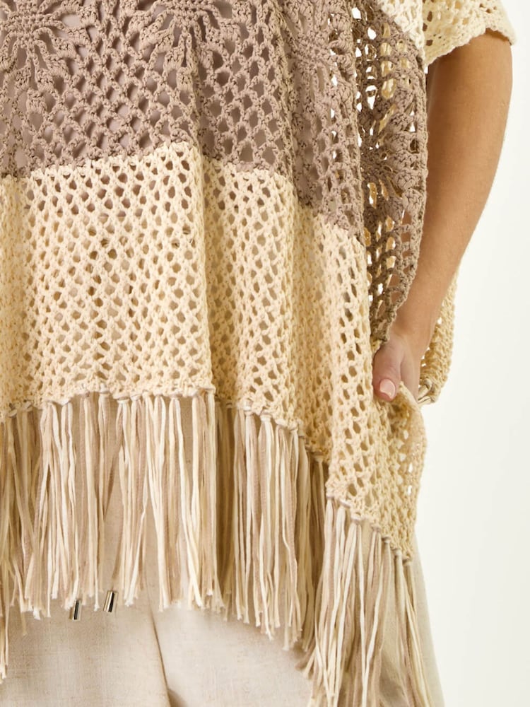 Roman Natural Tassel Stripe Crochet Poncho - Image 5 of 5