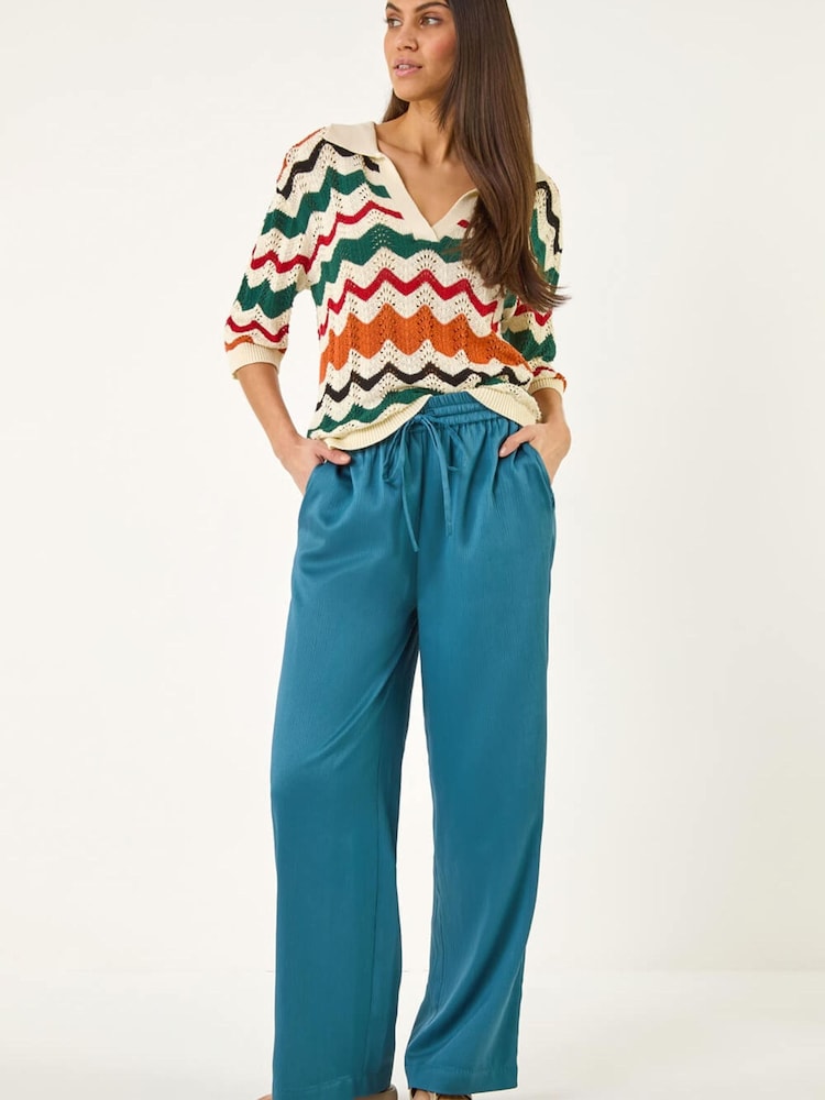 Roman Blue Textured Wide Leg Trousers - Image 2 of 5 Roman Blue Textured Wide Leg Trousers - Image 2 of 5