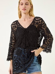 Roman Black Crochet Tie Front Knit Tunic - Image 4 of 5
