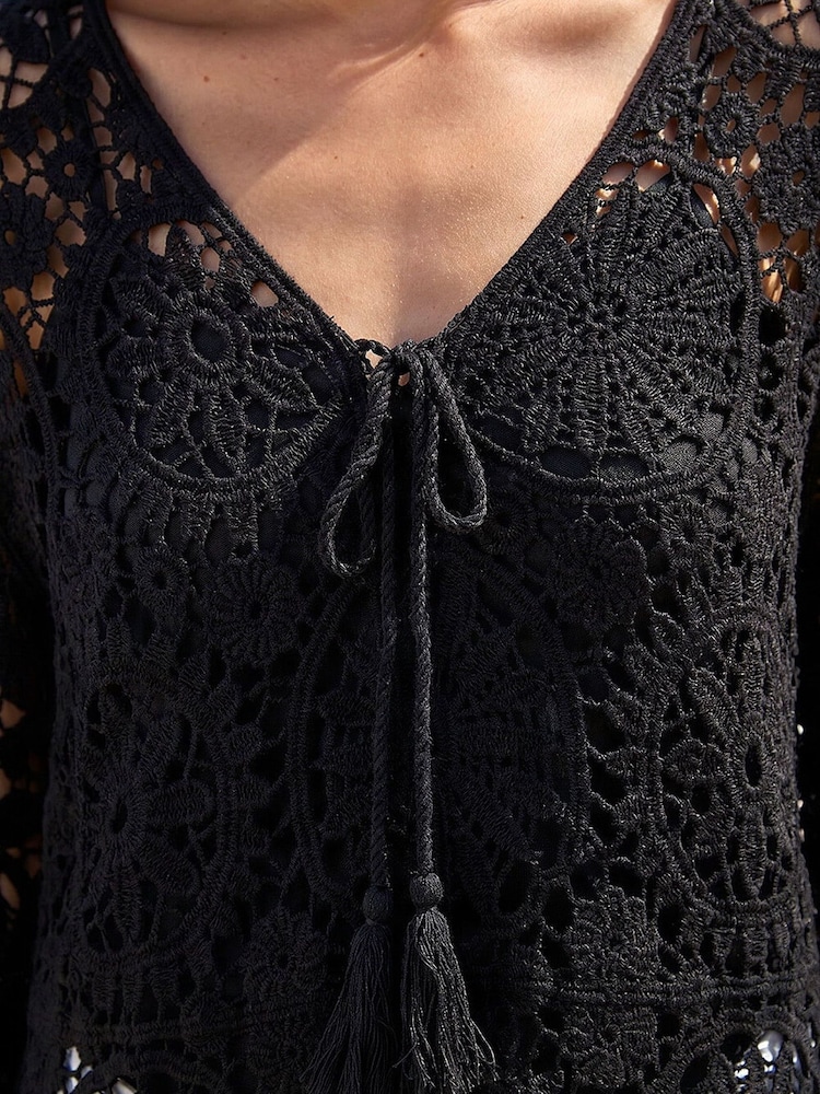 Roman Black Crochet Tie Front Knit Tunic - Image 4 of 4 Roman Black Crochet Tie Front Knit Tunic - Image 4 of 4