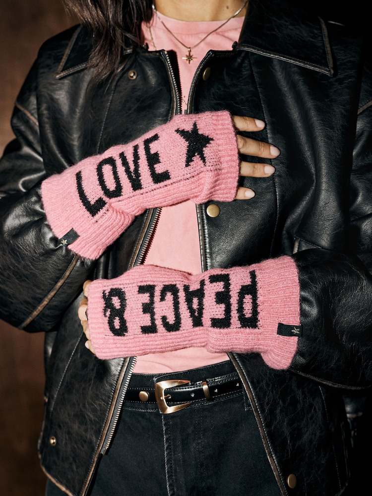 Pink Peace & Love Slogan - Rockett St George Knitted Handwarmer Gloves - Bild 1 von 4 Pink Peace & Love Slogan - Rockett St George Knitted Handwarmer Gloves - Bild 1 von 4