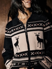 Rockett St George Monochrome Fairisle Deer Knitted Cardigan - Image 5 of 10