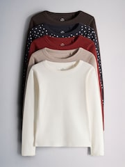 The Set 5 Pack Rib Jersey T-Shirts Navy Ditsy Print/Red/White/Chocolate Brown - Image 1 of 8