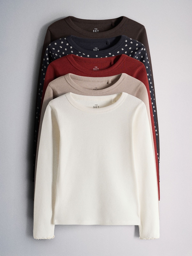The Set 5 Pack Rib Jersey T-Shirts Navy Ditsy Print/Red/White/Chocolate Brown - Image 1 of 8