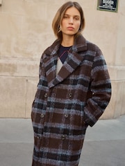 Plaid Checks Brushed Wool Blend Maxi Tailored Coat - Image 1 de 4