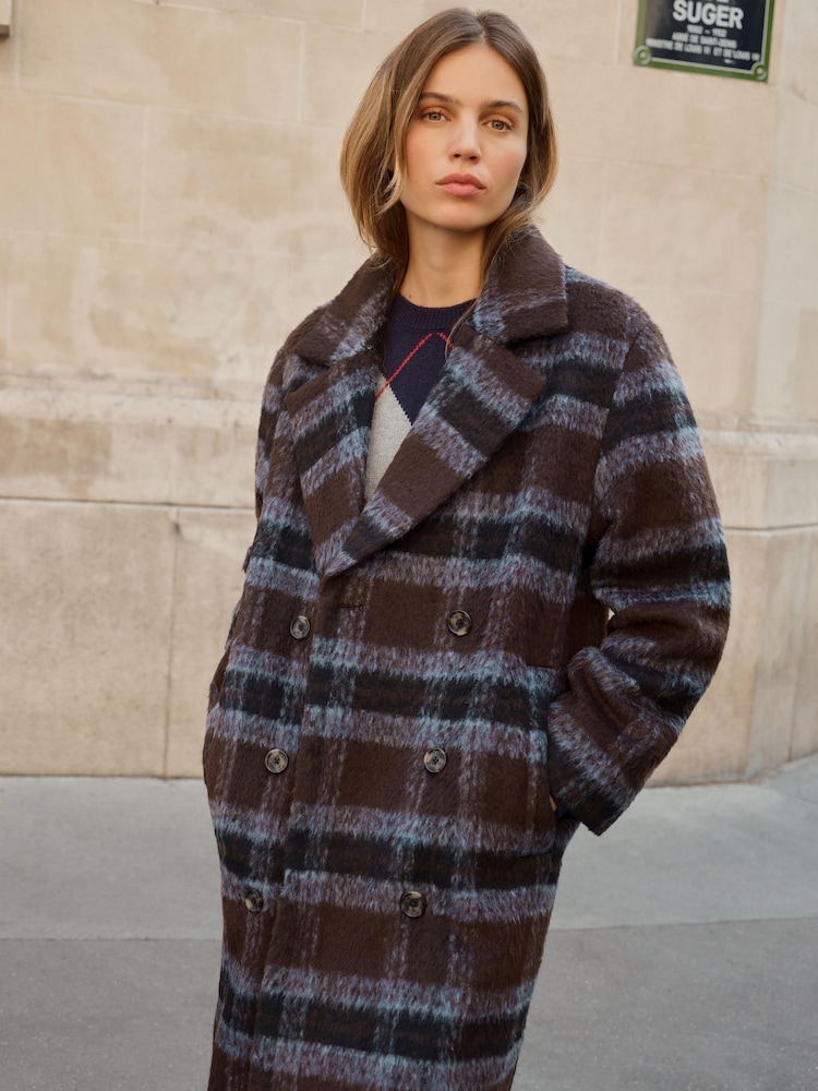 Plaid Checks Brushed Wool Blend Maxi Tailored Coat - Image 1 de 4 Plaid Checks Brushed Wool Blend Maxi Tailored Coat - Image 1 de 4