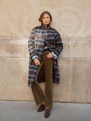 Plaid Checks Brushed Wool Blend Maxi Tailored Coat - Image 2 de 4