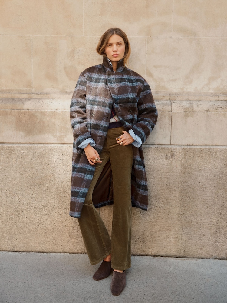 Plaid Checks Brushed Wool Blend Maxi Tailored Coat - Image 2 de 4 Plaid Checks Brushed Wool Blend Maxi Tailored Coat - Image 2 de 4