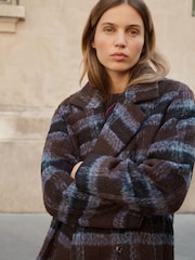 Plaid Checks Brushed Wool Blend Maxi Tailored Coat - Image 3 de 4