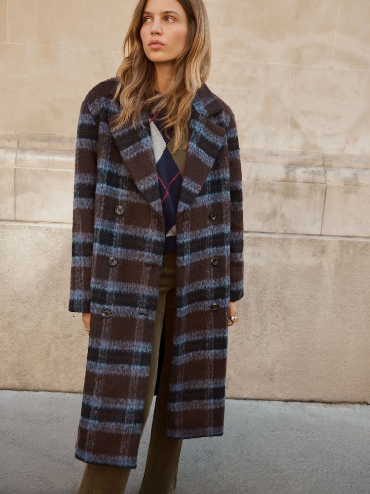 Plaid Checks Brushed Wool Blend Maxi Tailored Coat - Image 4 de 4 Plaid Checks Brushed Wool Blend Maxi Tailored Coat - Image 4 de 4