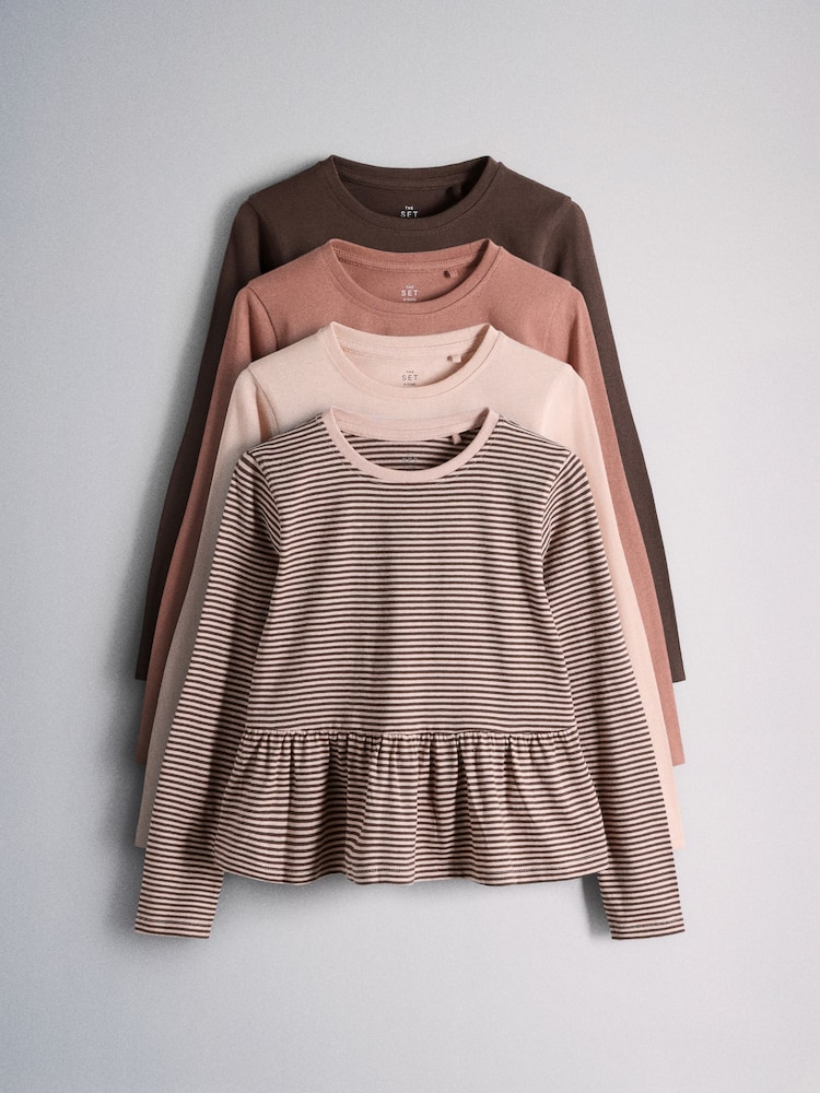 Light Brown/Cream/Pink/Chocolate Brown - The Set 4 Pack Long Sleeve Peplum Jersey T-Shirts - Imagem 1 de 7 Light Brown/Cream/Pink/Chocolate Brown - The Set 4 Pack Long Sleeve Peplum Jersey T-Shirts - Imagem 1 de 7