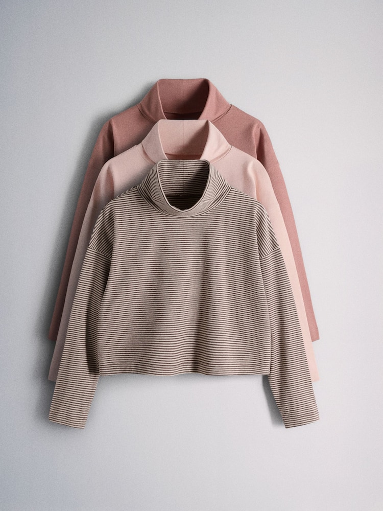 The Set 3 Pack Roll Neck Long Sleeve Rib T-Shirts Pink/Stripe - Image 1 of 6 The Set 3 Pack Roll Neck Long Sleeve Rib T-Shirts Pink/Stripe - Image 1 of 6