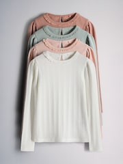 The Set 4 Pack Long Sleeve Pointelle T-Shirts Pink/Green/Cream - Image 1 of 7