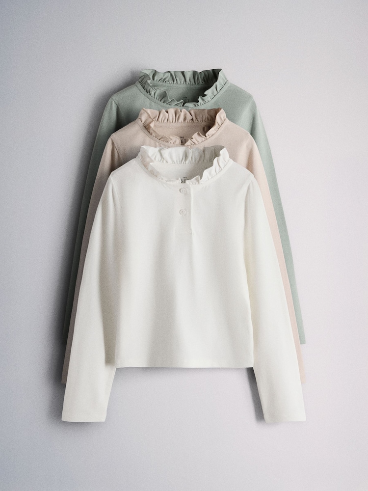 The Set 3 Pack Long Sleeve Brushed Jersey Frill Henley T-Shirts - 圖片 1/6