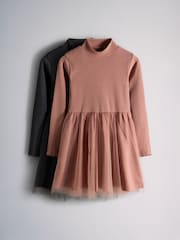 The Set 2 Pack Long Sleeve Rib Dresses with Mesh Skirt Pink/Charcoal Grey - Image 1 of 5