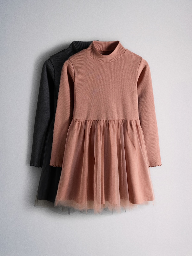 The Set 2 Pack Long Sleeve Rib Dresses with Mesh Skirt Pink/Charcoal Grey - Image 1 of 5 The Set 2 Pack Long Sleeve Rib Dresses with Mesh Skirt Pink/Charcoal Grey - Image 1 of 5