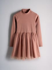 The Set 2 Pack Long Sleeve Rib Dresses with Mesh Skirt Pink/Charcoal Grey - Image 2 of 5
