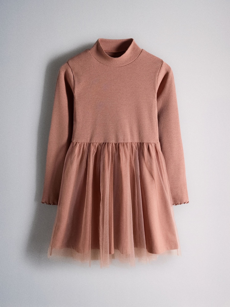 The Set 2 Pack Long Sleeve Rib Dresses with Mesh Skirt Pink/Charcoal Grey - Image 2 of 5 The Set 2 Pack Long Sleeve Rib Dresses with Mesh Skirt Pink/Charcoal Grey - Image 2 of 5