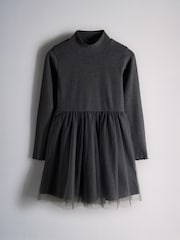 The Set 2 Pack Long Sleeve Rib Dresses with Mesh Skirt Pink/Charcoal Grey - Image 3 of 5