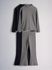 The Set 2 Pack Long Sleeve Roll Neck Rib Top and Kickflare Leggings Set Charcoal Grey Stripe/Navy Blue - Image 1 of 7