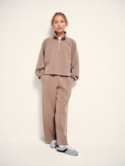 The Set Modal Blend Jersey Zip Neck and Wide Leg Co-Ord Joggers Light Brown - Image 1 of 3