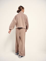 The Set Modal Blend Jersey Zip Neck and Wide Leg Co-Ord Joggers Light Brown - Image 2 of 3