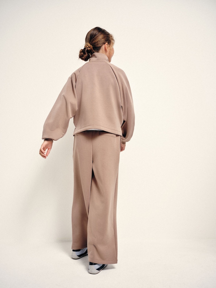 The Set Modal Blend Jersey Zip Neck and Wide Leg Co-Ord Joggers Light Brown - Image 2 of 3