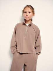 The Set Modal Blend Jersey Zip Neck and Wide Leg Co-Ord Joggers Light Brown - Image 3 of 3