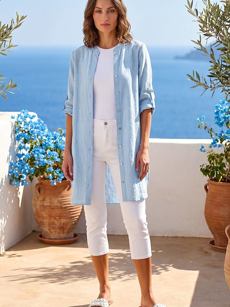 Roman Blue Petite Cotton Front Button Overshirt - Image 2 of 5 Roman Blue Petite Cotton Front Button Overshirt - Image 2 of 5